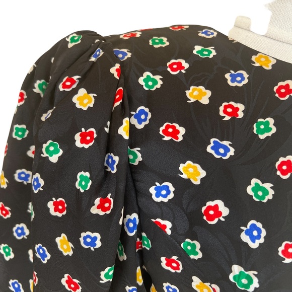ST. GILLIAN VINTAGE Silk Dress Puff Sleeve V Back Peplum Size 8 Black Floral - Picture 2 of 6